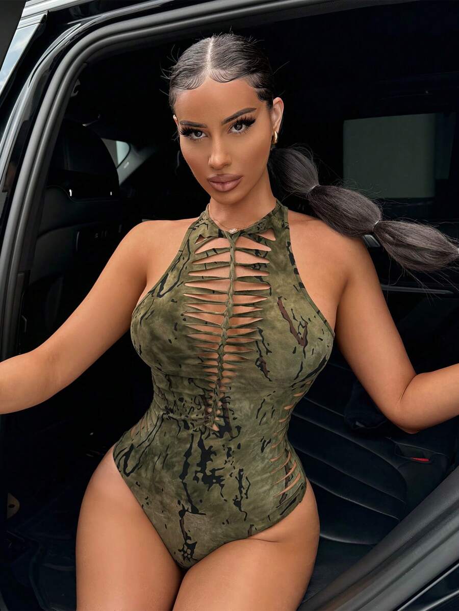 SHEIN SXY 街頭夏日休閒女性夏季染色露背性感無袖連體衣帶頸掛款