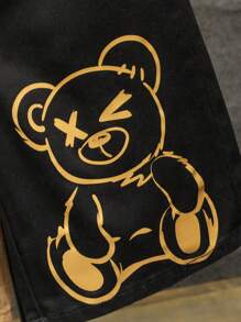 SHEIN Tween Boy Casual & Soft Cotton Cute Bear Print Colorblock Black And Brown Loose Straight Leg Denim Bermuda Shorts ,For Summer