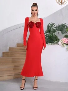 Modphy 紅色無肩方領鑽石修飾長袖人魚緊身包臀帶，適合婚禮伴娘或正式晚會