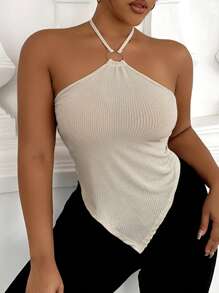 Calvaya Plus Size Summer Solid Color Asymmetrical Hem Halter Top - Apricot - View 1