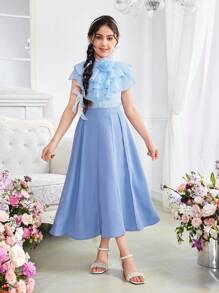 SHEIN Tween Girl 2pcs Lovely Collar Ruffle Trim 3D Flower Shaped Shirt And Skirt Set - Blue - View 6