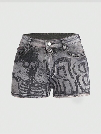 Grunge Punk Shorts casuales de mezclilla para uso diario de mujer con estampado floral aleatorio
