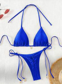 Swim Vcay 女性實色露背頸帶性感比基尼套裝，適用於度假 - 寶藍色 - 查看 1