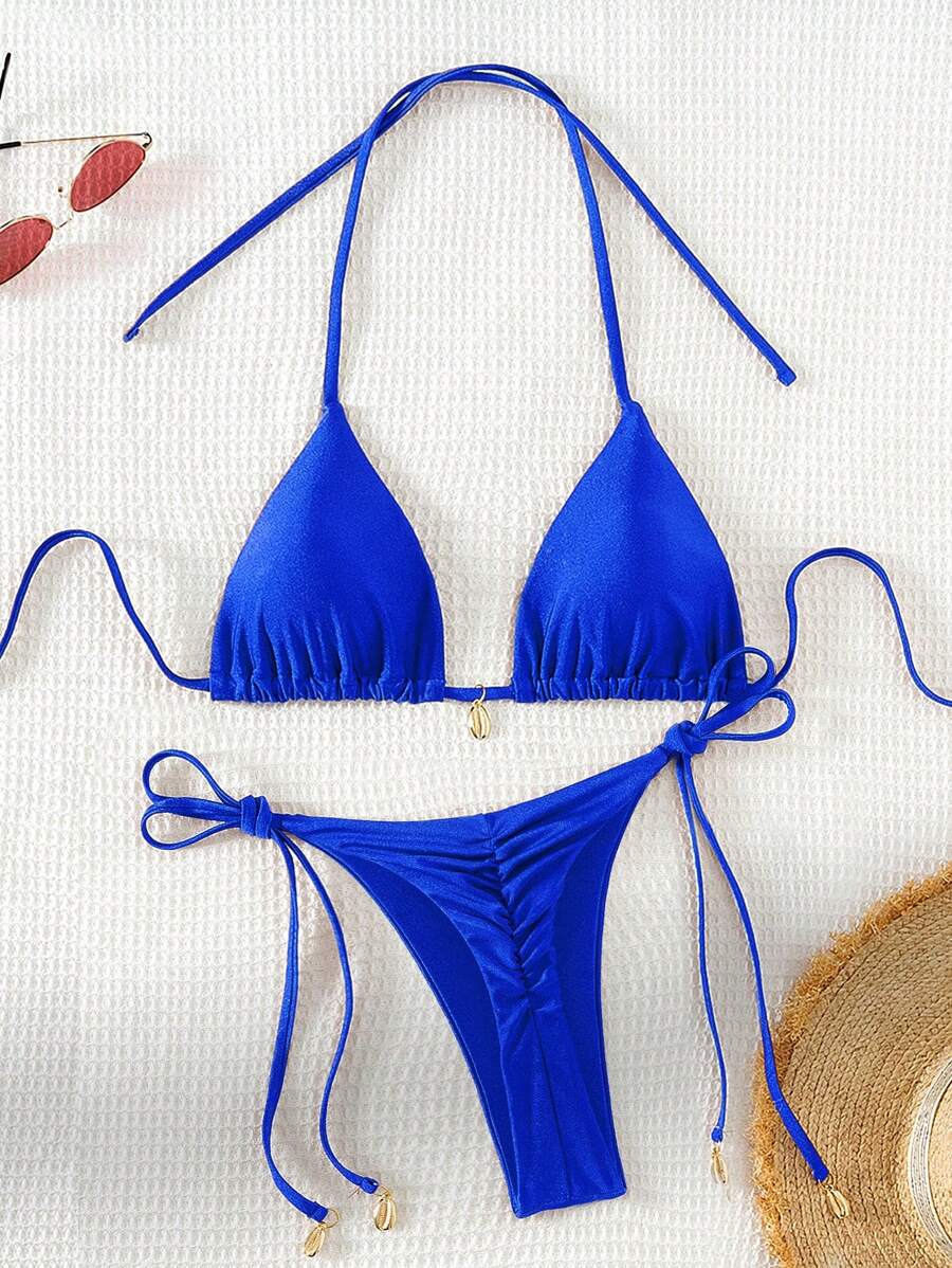 Swim Vcay 女性實色露背頸帶性感比基尼套裝，適用於度假 - 寶藍色 - 查看 1