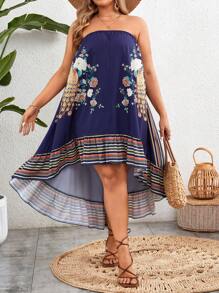 SHEIN VCAY فستان قصير وطويل من الأنبوب بتفاصيل طبعات راقصة للمقاسات الكبيرة المناسب للعطلات - متعدد الألوان - مشاهدة 3