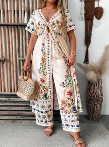 Breezaya Plus Size Women Boho Elegant Vacation Multicolor Retro Twist Cut-Out Plus Size Boho Tee & Wide Leg Palazzo Pants 2 Pieces Set Summer
