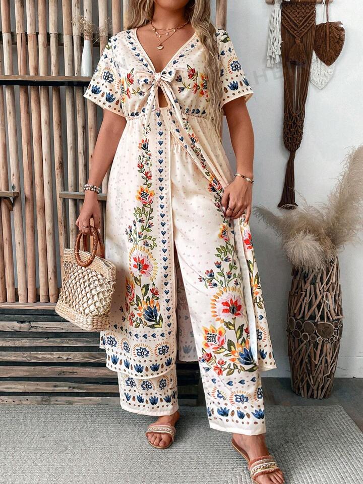 SHEIN VCAY Large Women s Fashion Print Chest Tie Short Sleeve Long Pants Two Piece Set