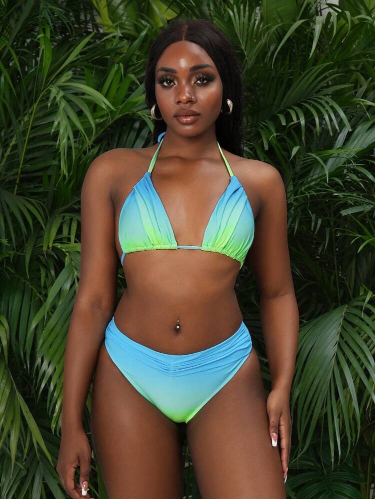 Women's Gradient Color Halter Strap Sexy Bikini Set, Print Pattern, Suitable For Vacation Summer
