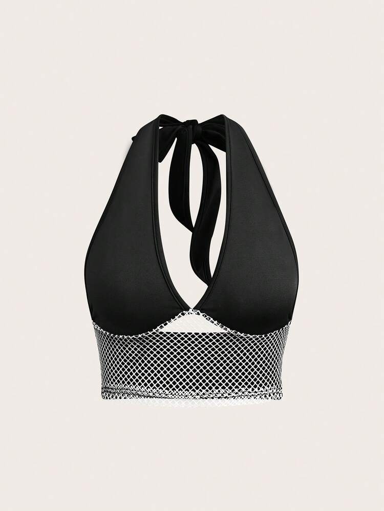 Women's Summer Color Block Deep V Crop Top Sexy Halter Neck Top Top