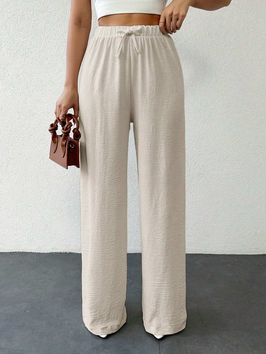 EURMUSE Quần cotton nữ cao cấp có nút thắt màu trơn - Màu be - Xem 1