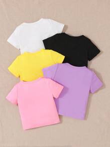 SHEIN Playful Pals 5pcs/Set Baby Girl Casual Round Neck Short Sleeve T-Shirts For Summer - Multicolor - View 2