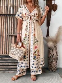 Breezaya Plus Size Women Boho Elegant Vacation Multicolor Retro Twist Cut-Out Plus Size Boho Tee & Wide Leg Palazzo Pants 2 Pieces Set Summer