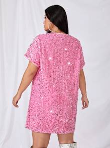 SHEIN ICON 大码夏季宽松闪亮装饰圆领连衣裙 - 粉色 - 查看 2