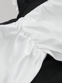 SHEIN MOD Women's Off Shoulder White Lapel Waist Gathered Buttoned Black T-Shirt, Versatile T-Shirt For Daily Use, T-Shirt For Going Out