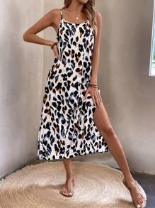 SHEIN LUNE 女式夏季豹纹侧开衩下摆休闲吊带连衣裙长款女装 - 彩色 - 查看 6