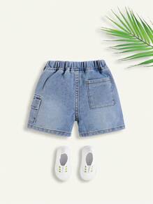 Cozy Pixies Shorts en jean délavé à poches rabattables sur les côtés, jambes larges et souples, pour garçons, style décontracté d'été - Jean bleu - Voir 2