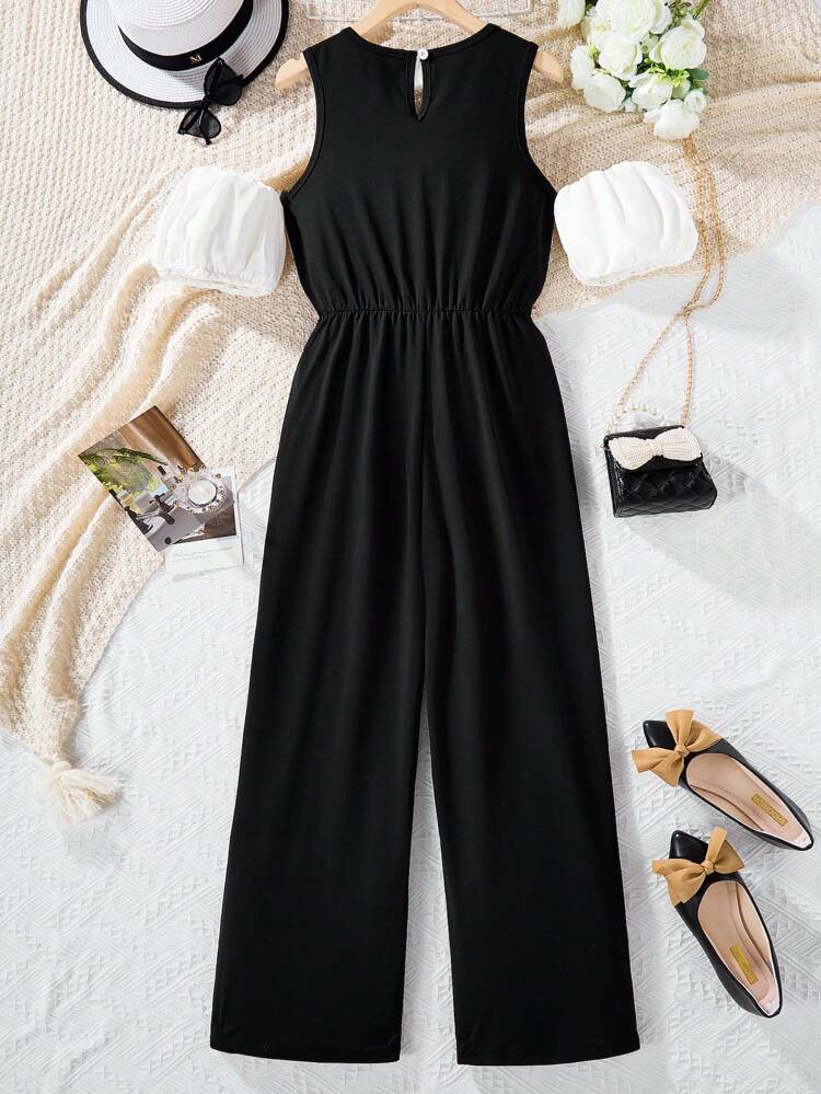 Teen Girl Open Shoulder Round Neck Casual Jumpsuit With Bowknot
