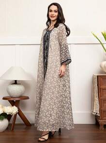 Elegant Round Neck Long Sleeve Geometric Embroidery Regular Modest Dress, Kaftan - Apricot - View 1