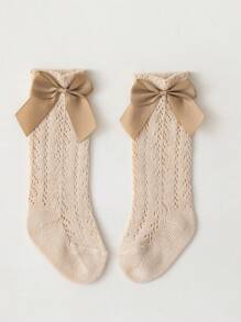 2 pares de Meias Altas com Dobra de Laço para Meninas, Estilo Doce Elegante para o Cotidiano