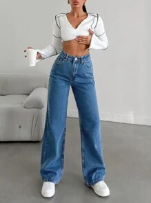 SHEIN Cottnline جينز بساق مستقيم سستة طائر - أزرق متوسط - مشاهدة 4