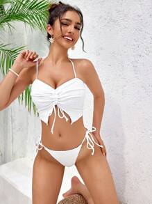 SHEIN Swim Top de biquíni de verão feminino liso com cordão franzido e Shorts de natação com laço - Branco - Ver 6
