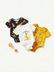 Cozy Pixies Newborn Baby Boy Cartoon Kangaroo Pattern Soft Knit Round Neck Short Sleeve Bodysuit With Lap Shoulder Three-Pack - Navy Blue - View 14