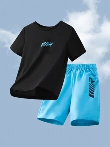 SHEIN 6 件/套青少年男孩休闲运动图案圆领短袖 T 恤和短裤针织 2 件套服装，共 6 件，3 种颜色可选 - 彩色 - 查看 7