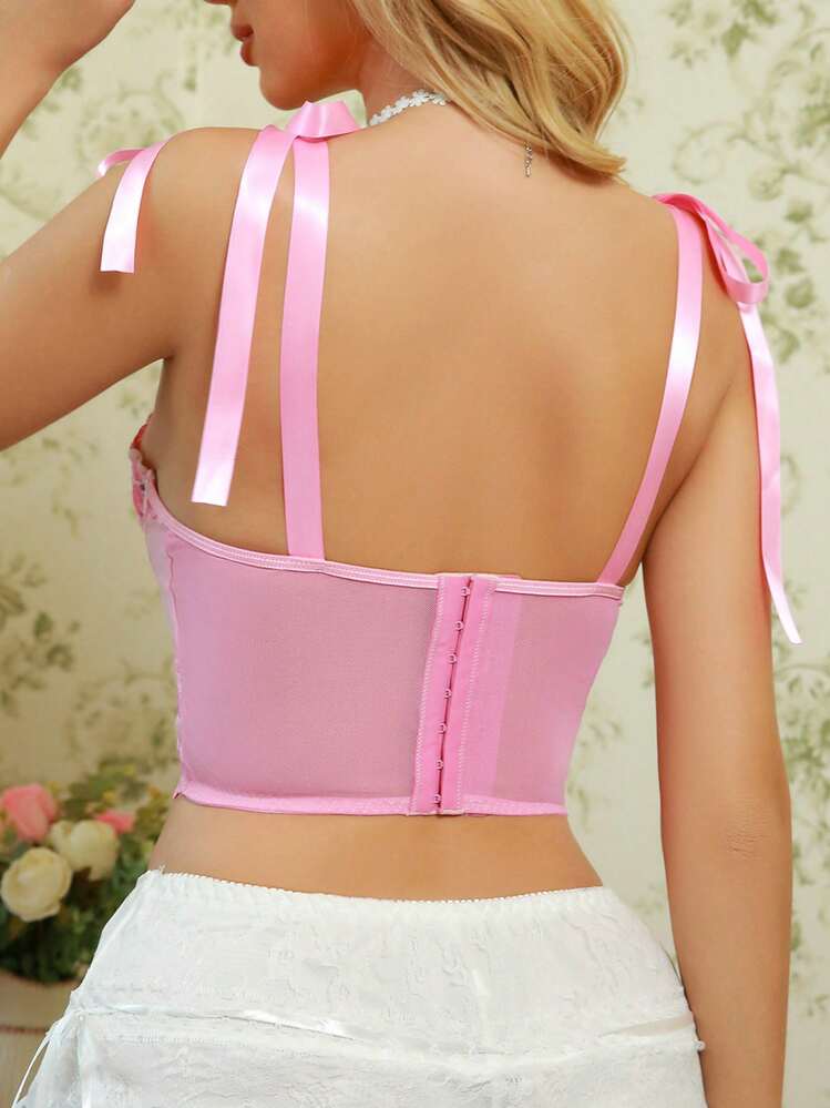 Myrelith 1 peça Sutiã de Renda de Tule com Arame para Mulheres, Lingerie - Rosa chiclete - Visão 2