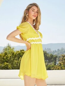 Forever 21 Vacation Wave Ribbon V-Neck Yellow Chiffon Puff Sleeve Dress