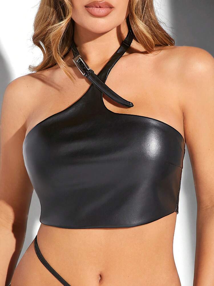 Black Leather Halter Crop Top Summer Sets