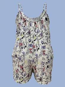 Plus Size Vacation Leisure Plant Printed Jumpsuit With Spaghetti Strap, Summer Eid - Beige - View 3