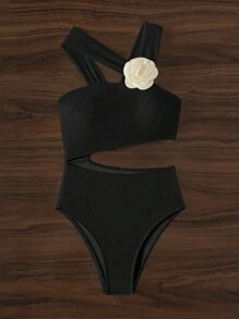 Swim Vcay 女式一片式泳衣，中空設計，3D花裝飾，夏日沙灘頸帶款 - 黑色 - 查看 7