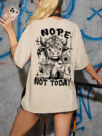 INAWLY Women's Summer Letter Printed Round Neck Drop Shoulder Short Sleeve Loose Casual T-Shirt Graphic Tees Women Tops