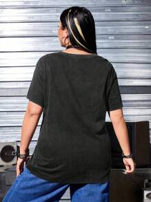 ROMWE Grunge Punk Abi Nihilism 情侣脸印花雪洗加大码T恤 - 黑色 - 查看 2