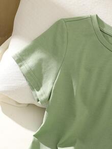 SHEIN 男孩實色短袖t恤,休閒圓領套頭,寬鬆版型 - 綠色 - 查看 4