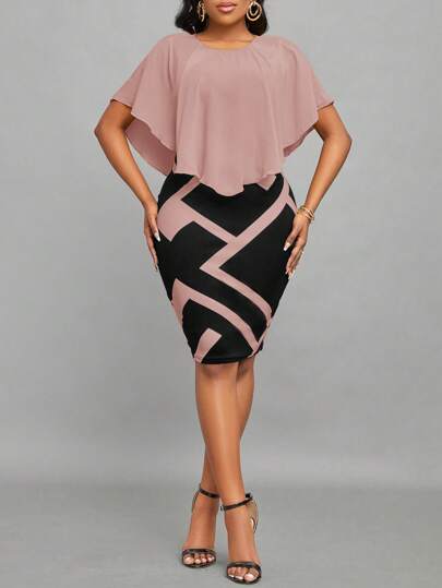 SHEIN Lady 办公室连衣裙 优雅拼色拼接修身办公室连衣裙，夏季