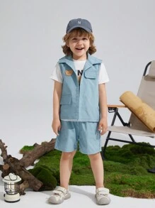 SHEIN Conjunto De 3 Piezas Para Chicos Jóvenes, Chaleco Casual, Camiseta De Manga Corta Con Patrón De Oso Lindo Y Shorts, Cómodo Y Moderno, Adecuado Para Primavera Y Verano