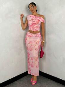 SHEIN BAE Women's Summer Marble Mesh Printed Asymmetrical Ruched Tight-Fitting Set With Oblique Shoulder Strap For Vacation - Multicolor - View 4