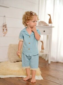 SHEIN Baby Girls' Simple Lake-Blue Short-Sleeved Shorts Casual Two-Piece Homewear Set - Blue - View 5