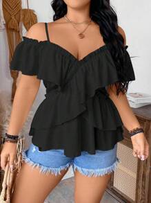 SHEIN Unity Pure Plus Size Solid Color Romantic Ruffled Sleeve Design Camisole Shirt Peplum Top - Black - View 1