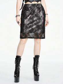 ROMWE Gothic Lace Floral & Metallic Skirt For Women With Reflective Interior Fabric - Green - View 1