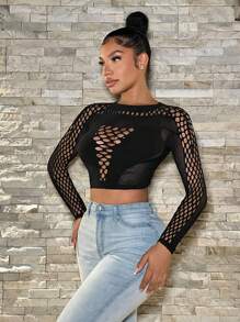 SHEIN SXY Fishing Net Segmentation Women's Solid Color Hollow Out Casual Long Sleeve Top - Black - View 5