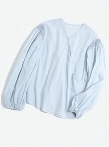 FRIFUL 女性春夏款實色V領燈籠袖寬鬆休閒襯衫 - 白色 - 查看 7