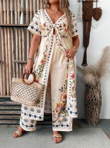 Breezaya Plus Size Women Boho Elegant Vacation Multicolor Retro Twist Cut-Out Plus Size Boho Tee & Wide Leg Palazzo Pants 2 Pieces Set Summer