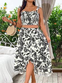 SHEIN Clasi Plus Size Phong cách nghỉ dưỡng In đầy đủ diềm xếp nếp Halter Top và váy buộc dây cho mùa hè - Đen và trắng - Xem 4