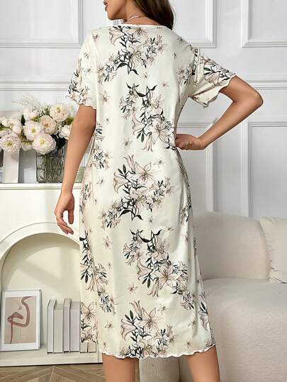 Bloemen Print Short Sleeve Shirt Pajama Night Dress, Moo Sleep Dress view 2