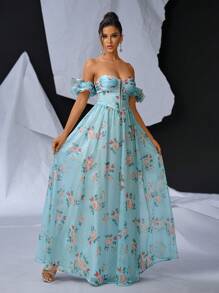 SHEIN Belle 優雅浪漫的假日氛圍淺薄荷綠色閃亮雪紗數碼印花無肩帶洋裝，帶有可拆卸的荷葉邊袖，深V領和透視網格覆蓋，飄逸的超大A字型洋裝，非常適合約會、畢業典禮、婚禮、派對、舞會、晚宴等場合 - 薄荷綠 - 查看 6