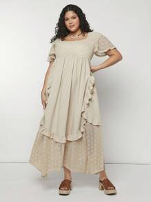 Forever 21 Women's Fashionable Bohemian Square Neck Short Sleeve Lace Dress - Apricot - View 3