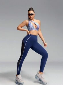 Innovista 女士拼接透氣網眼腿部運動緊身褲，控制腹部提臀性感夏日相配褲，日常休閒和運動必備 - 藏蓝色 - 查看 4