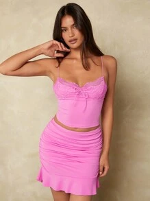 Forever 21 Women's Summer Contrast Lace Bow Decor Camisole And Pleated Bodycon Skirt Suit